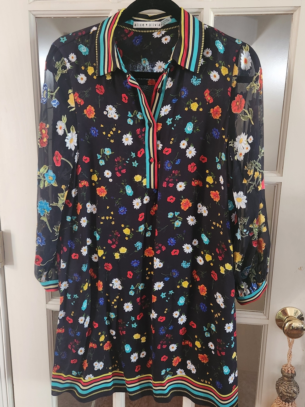 alice + olivia Black Floral Stripe-Trim Tunic Dress Size S